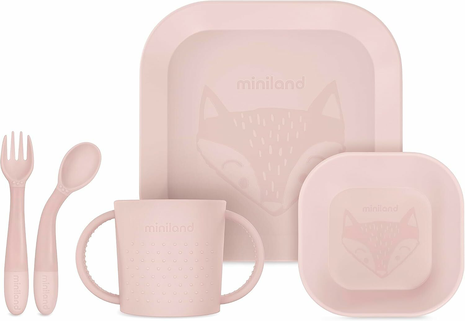 E-shop Miniland Dolce 5-dielny set na jedenie pre deti, štvorcový, ružový