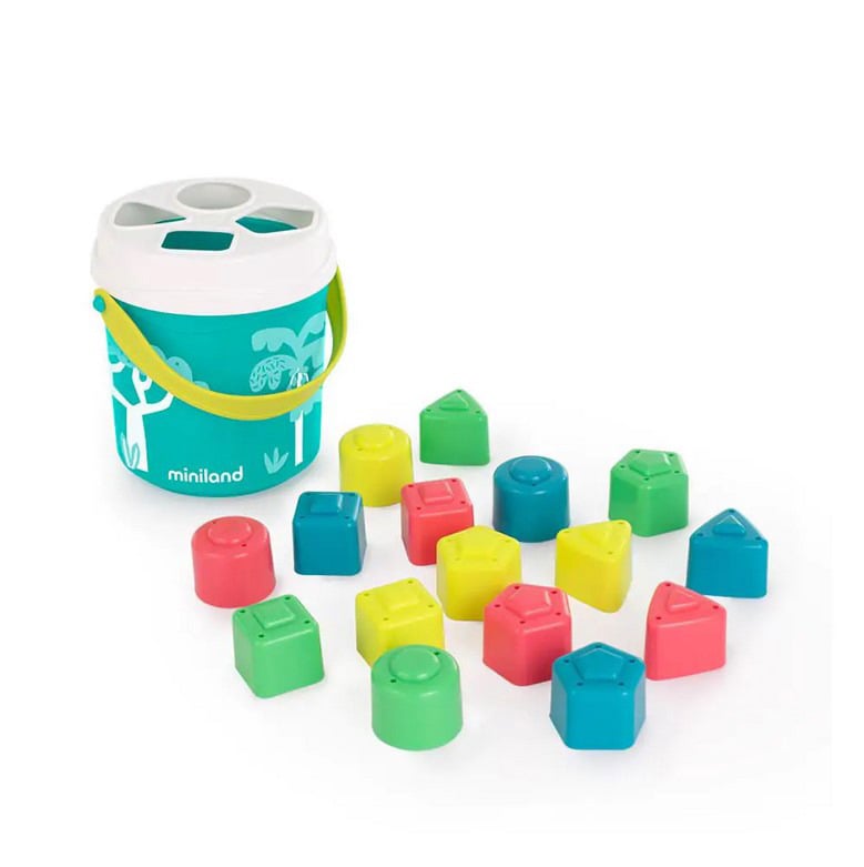 E-shop Miniland Vedierko s blokmi na triedenie tvarov, tyrkysové