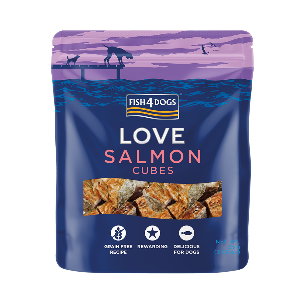 E-shop FISH4DOGS Maškrty pre psov LOVE s lososom - kocky 85 g