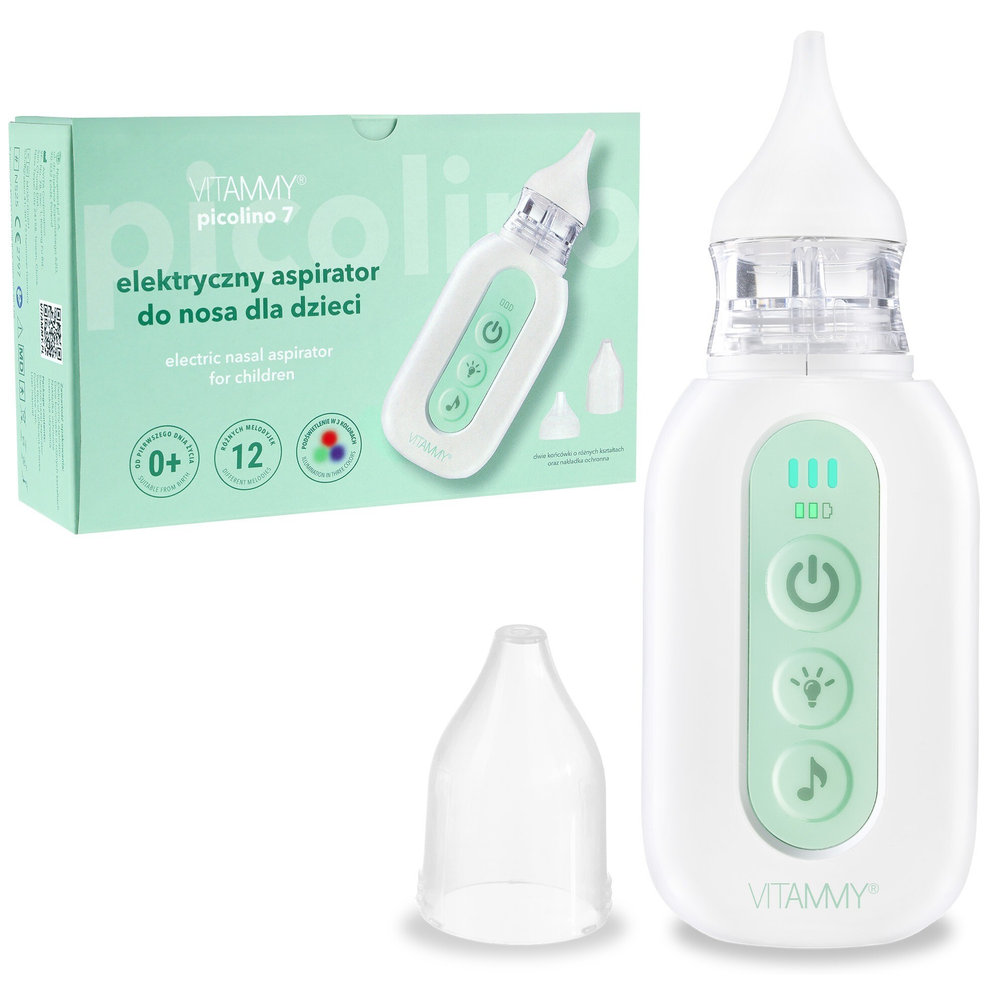 E-shop VITAMMY PICOLINO 7 Nosová elektrická odsávačka hlienov pre deti, 2 nástavce, 3 režimy