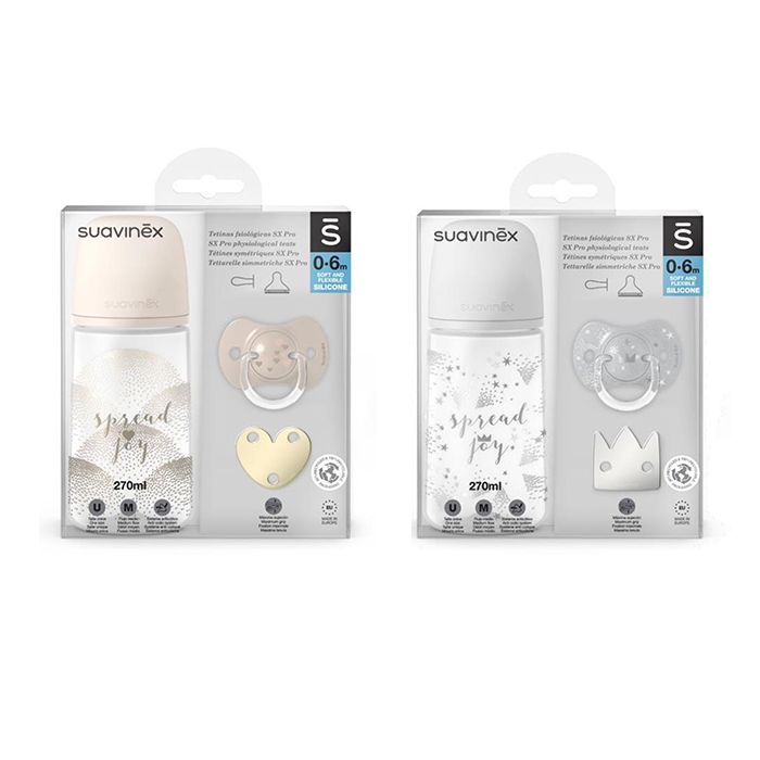 E-shop SUAVINEX | SADA FĽAŠA 270ml + cumlík fyziologický 0/6m + klip JOY - strieborná
