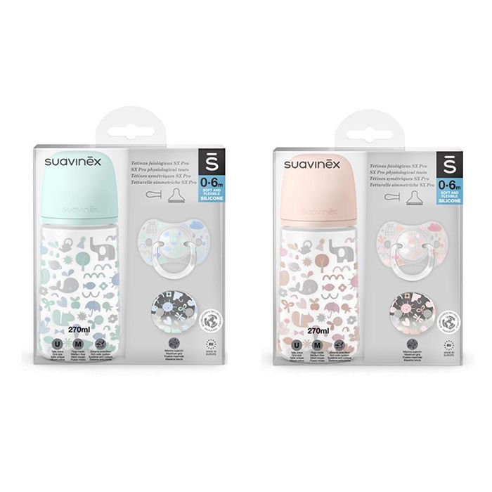 E-shop SUAVINEX | SADA FĽAŠA 270ml + cumlík fyziologický 0/6m + klip MEMORIES - modrý