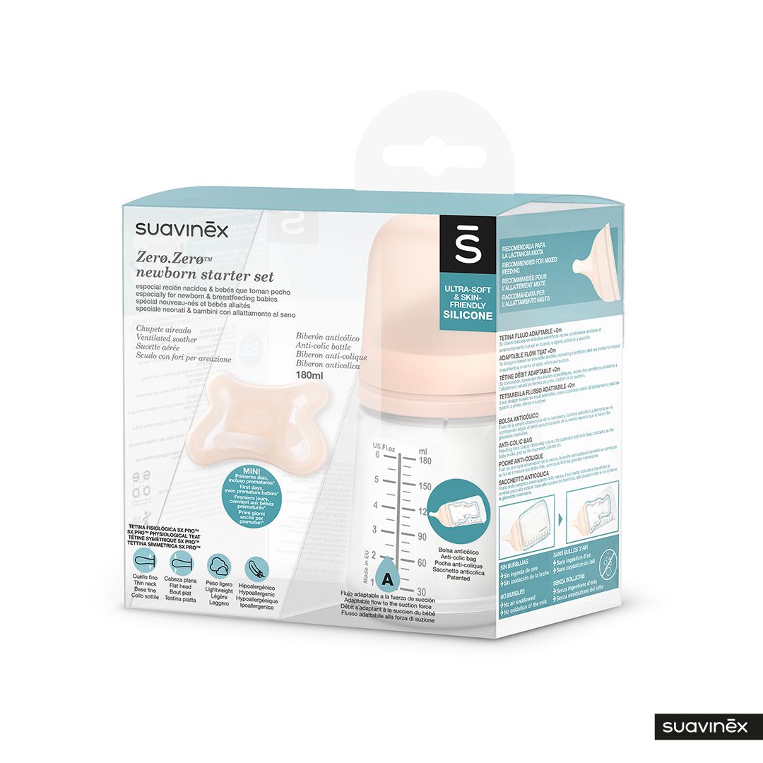 E-shop SUAVINEX | SADA ANTIKOLIKOVÁ Zerø.Zerø™ FĽAŠA 180 ml A + cumlík Zerø.Zerø™ -2/ 2M