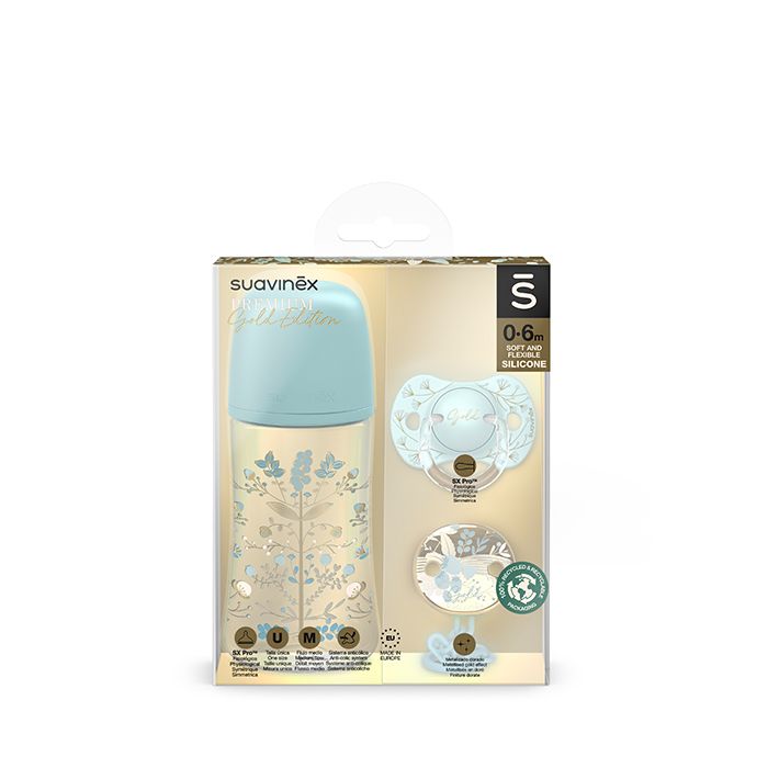 E-shop SUAVINEX | GOLD SET FĽAŠA 270ml + CUMLÍK FYZIOLOGICKÝ 0/6 + KLIP GOLD - MODRÁ