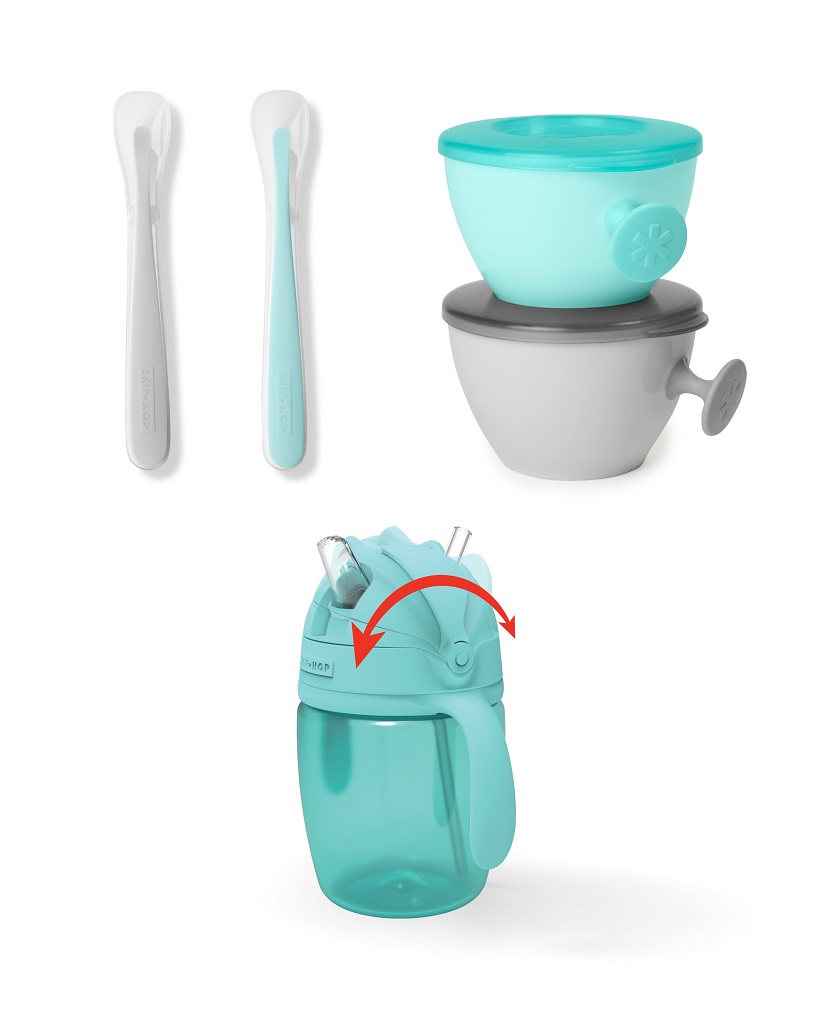 E-shop SKIPHOP SKIP HOP Set jedálenský s hrnčekom 5 ks Easy-Feed Mealtime Set Teal/Grey 6m+