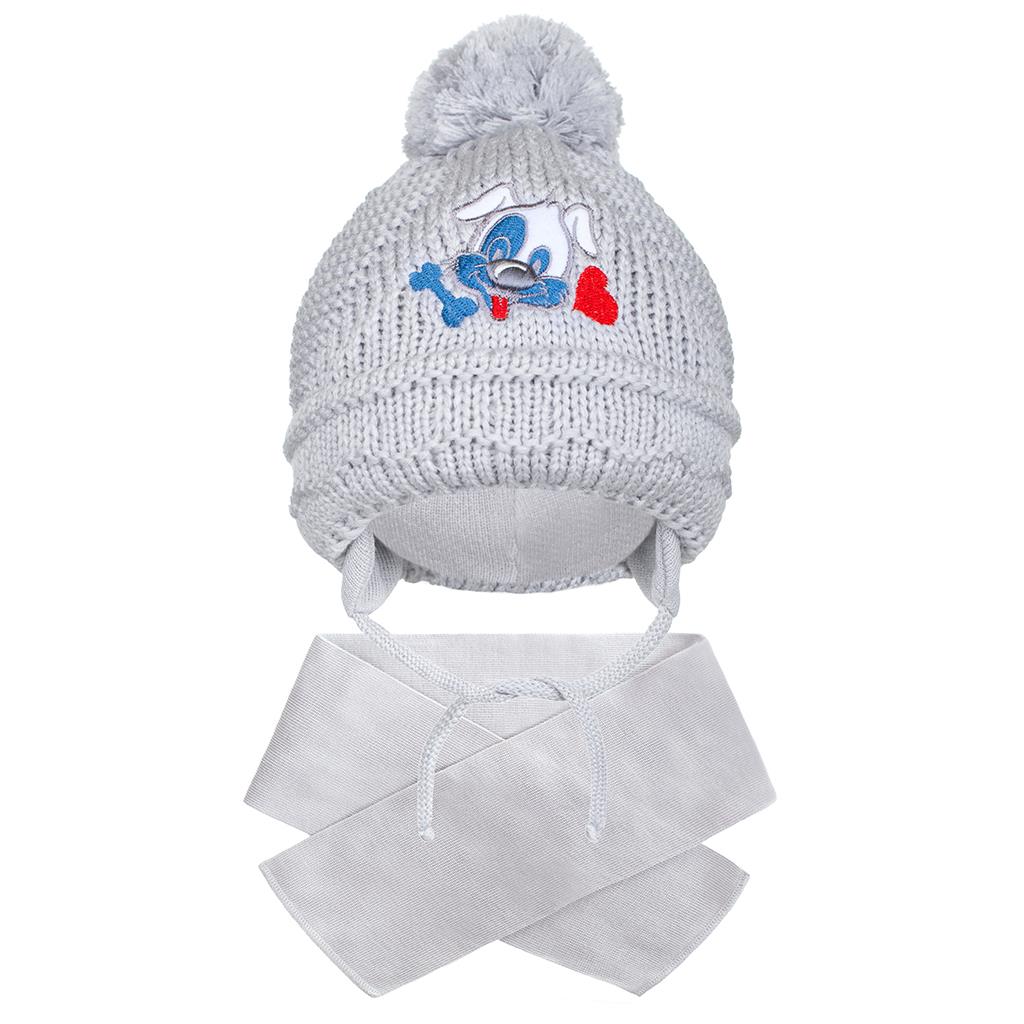 E-shop Zimná detská čiapočka so šálom New Baby psík sivá, 104 (3-4r) - 26832