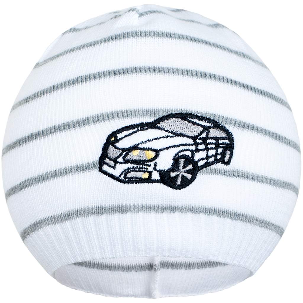E-shop Jarná čiapočka New Baby s autíčkom bielo-tmavo sivá, 86/92 - 30577