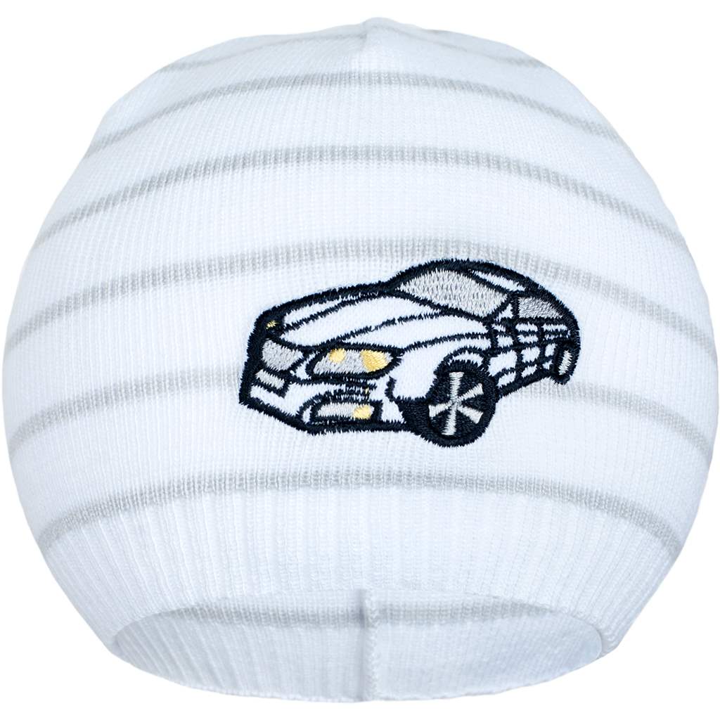 E-shop Jarná čiapočka New Baby s autíčkom bielo-svetlo sivá, 86/92 - 30578