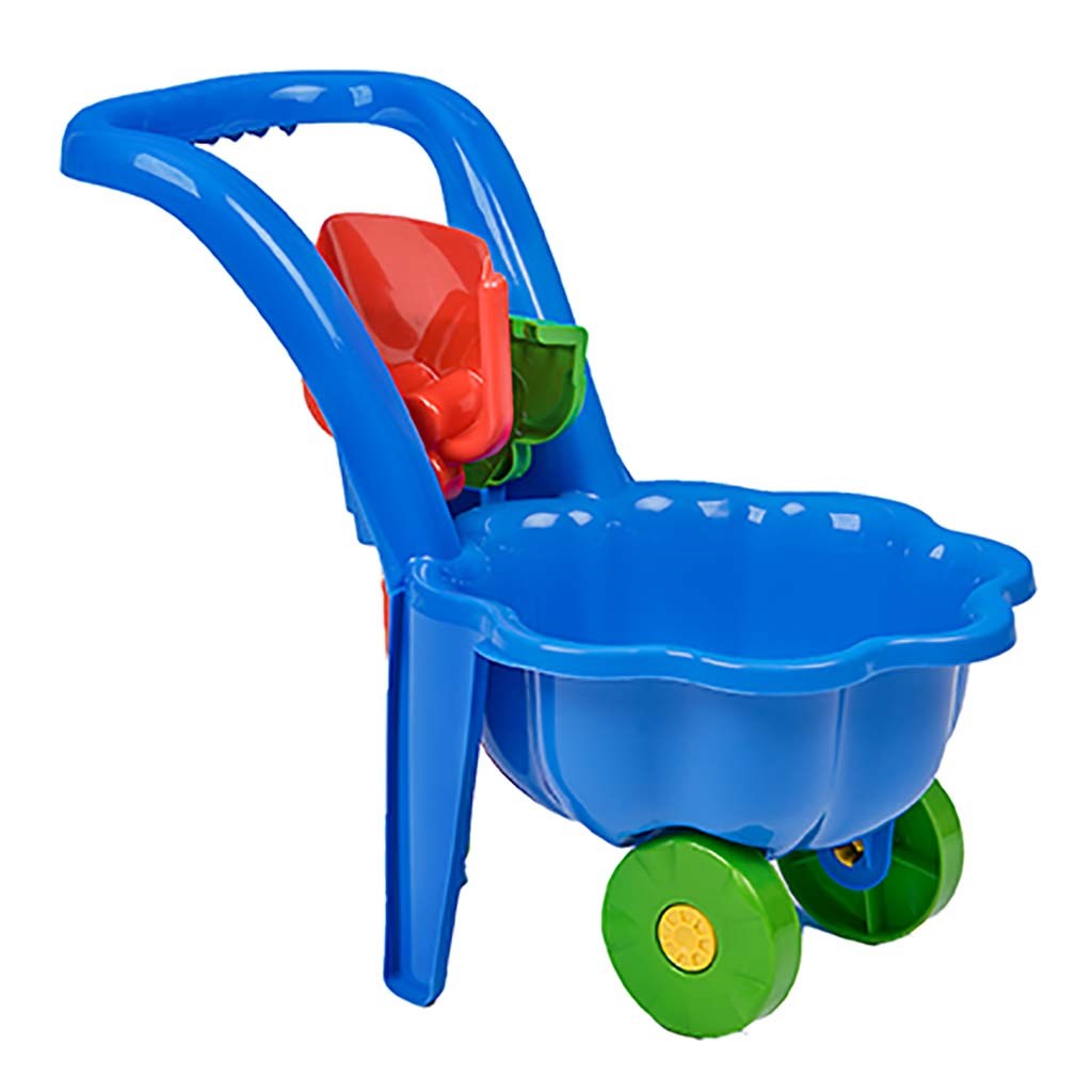 E-shop Detský záhradný fúrik s lopatkou a hrabličkami BAYO Sedmokráska modrý - 45515