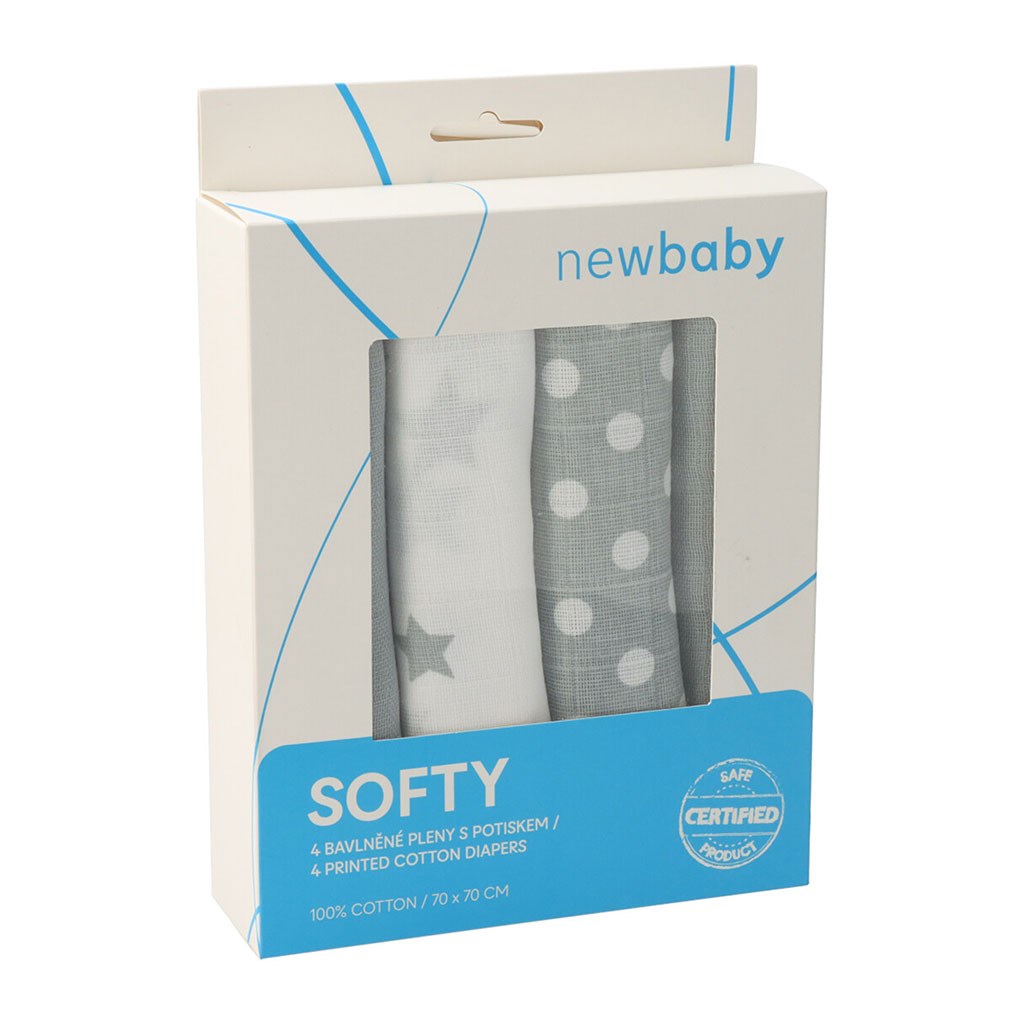 E-shop Látkové bavlnené plienky New Baby Softy s potiskom 70 x 70 cm 4 ks šedo-biele - 46900