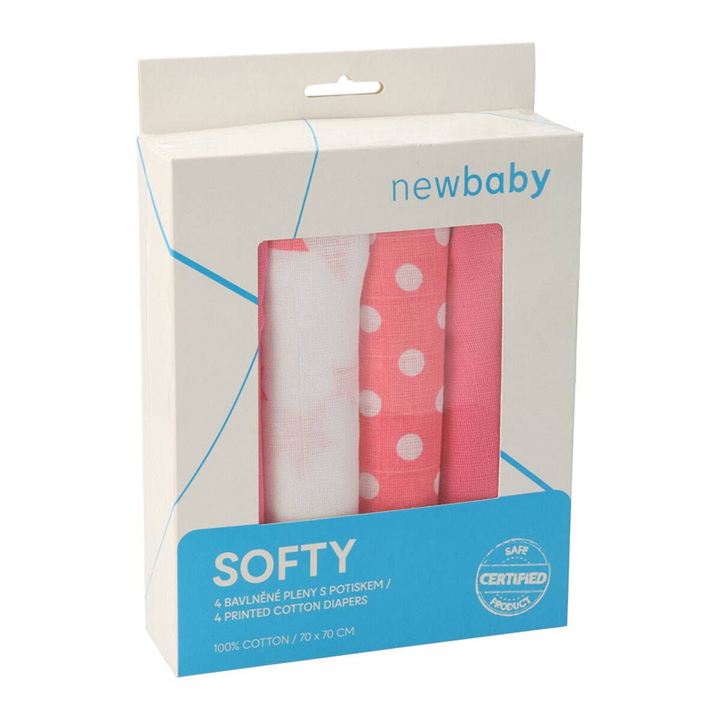 E-shop Látkové bavlnené plienky New Baby Softy s potiskom 70 x 70 cm 4 ks ružovo-biele - 46901