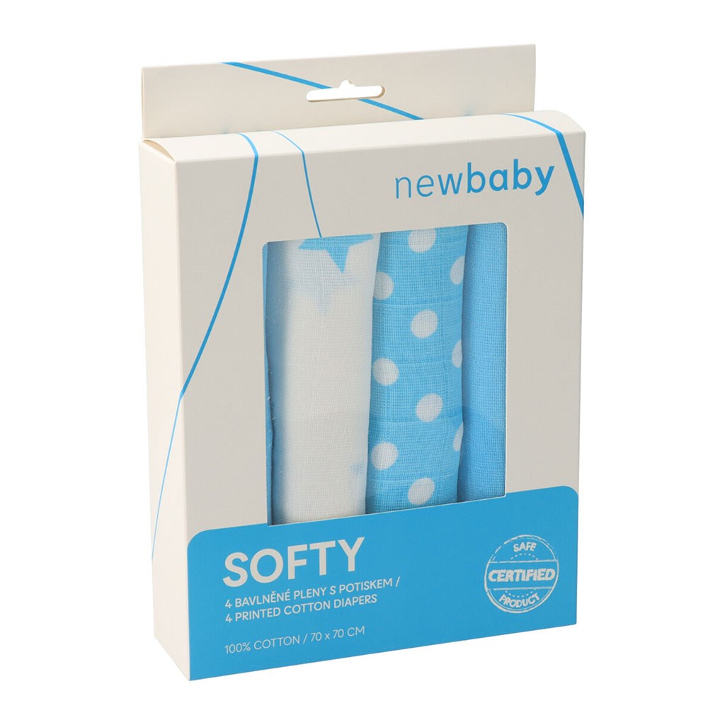 E-shop Látkové bavlnené plienky New Baby Softy s potiskom 70 x 70 cm 4 ks tyrkysovo-biele - 46902