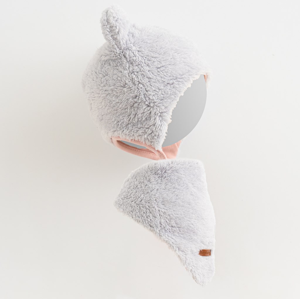 E-shop Zimná dojčenská čiapočka so šatkou na krk New Baby Teddy bear šedo ružová, 74 (6-9m) - 49190