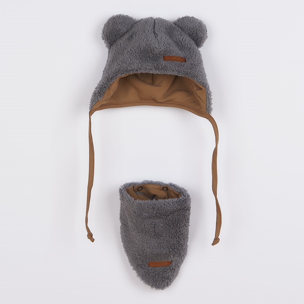 E-shop Zimná dojčenská čiapočka so šatkou na krk New Baby Teddy bear šedá, 80 (9-12m) - 49195