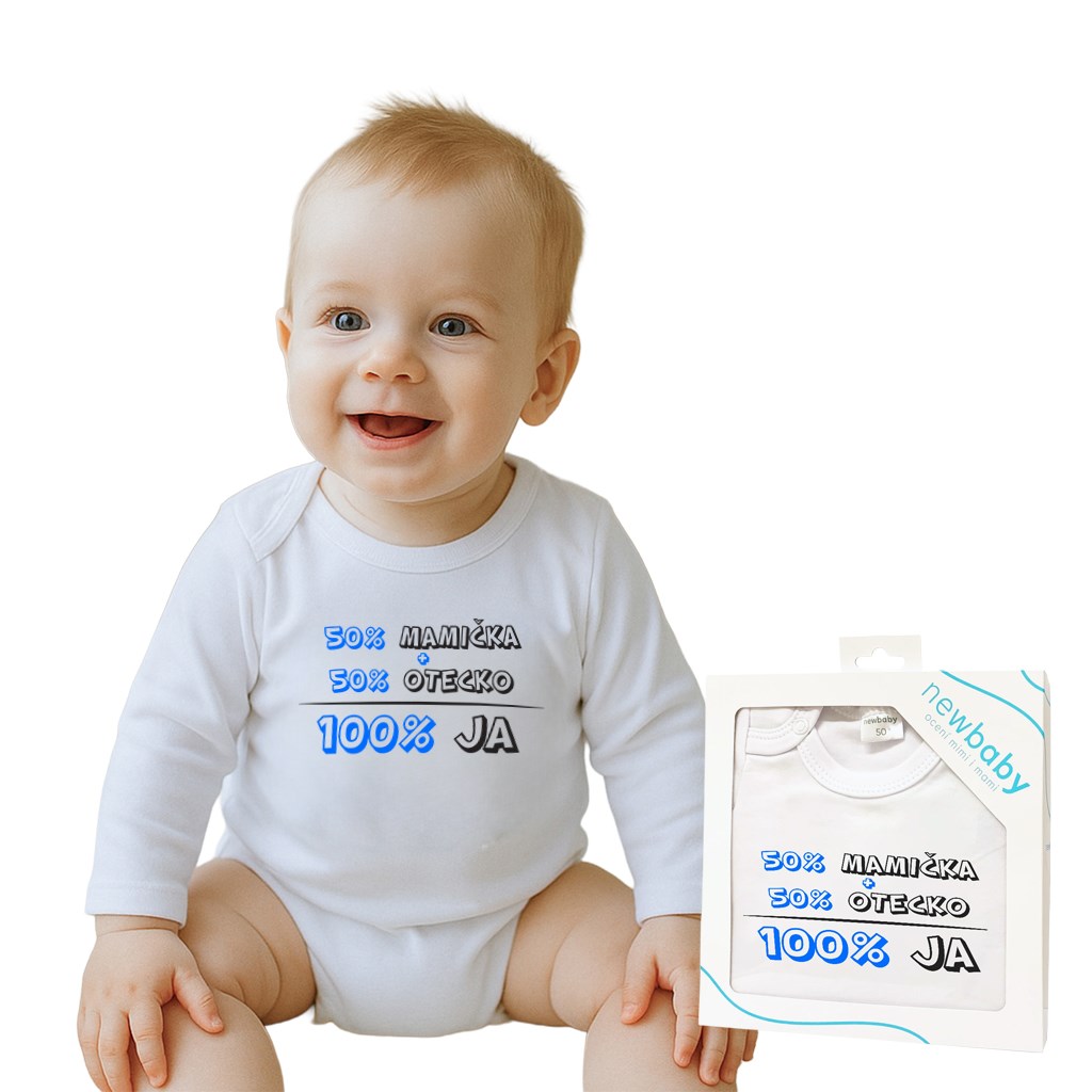 E-shop Body s potlačou New Baby 50% MAMIČKA + 50% OTECKO - 100% JA modré - darčekové balenie, 80 (9-12m) - 50516