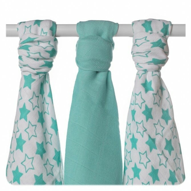 E-shop XKKO BMB Bambusová plienka Little Stars Turquoise, 70x70, MIX 3ks
