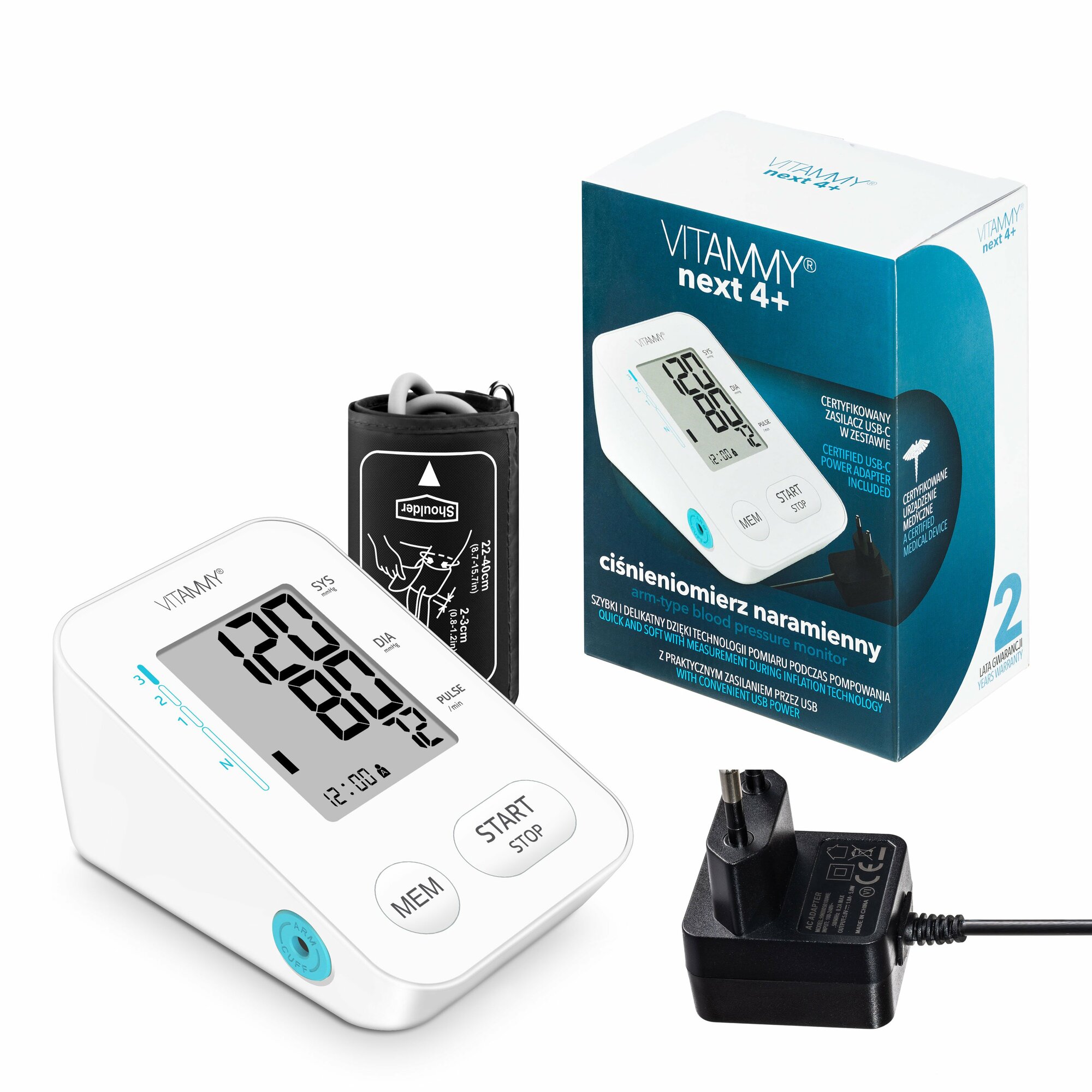 E-shop VITAMMY NEXT 4+ Ramenný tlakomer s meraním pri nafukovaní manžety a AC adaptérom
