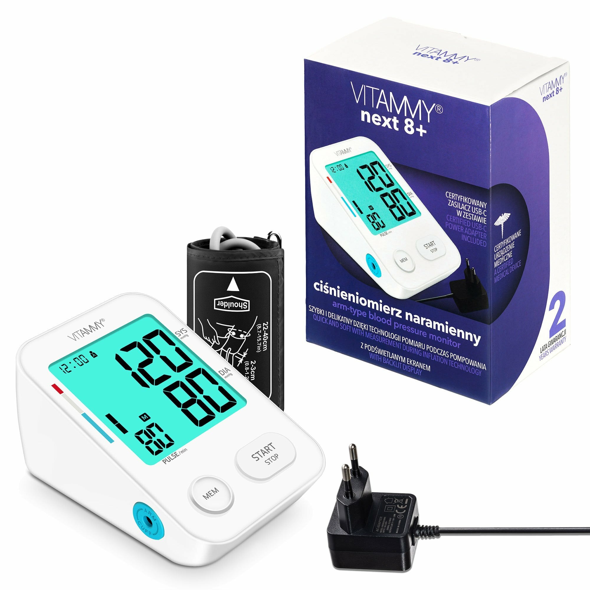 E-shop VITAMMY NEXT 8+ Ramenný tlakomer s meraním pri nafukovaní manžety a AC adaptérom