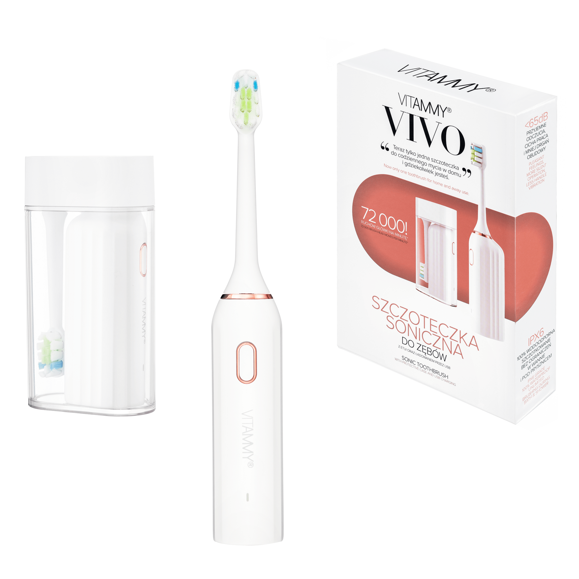E-shop VITAMMY VIVO Pink Sonická zubná kefka s puzdrom, biela