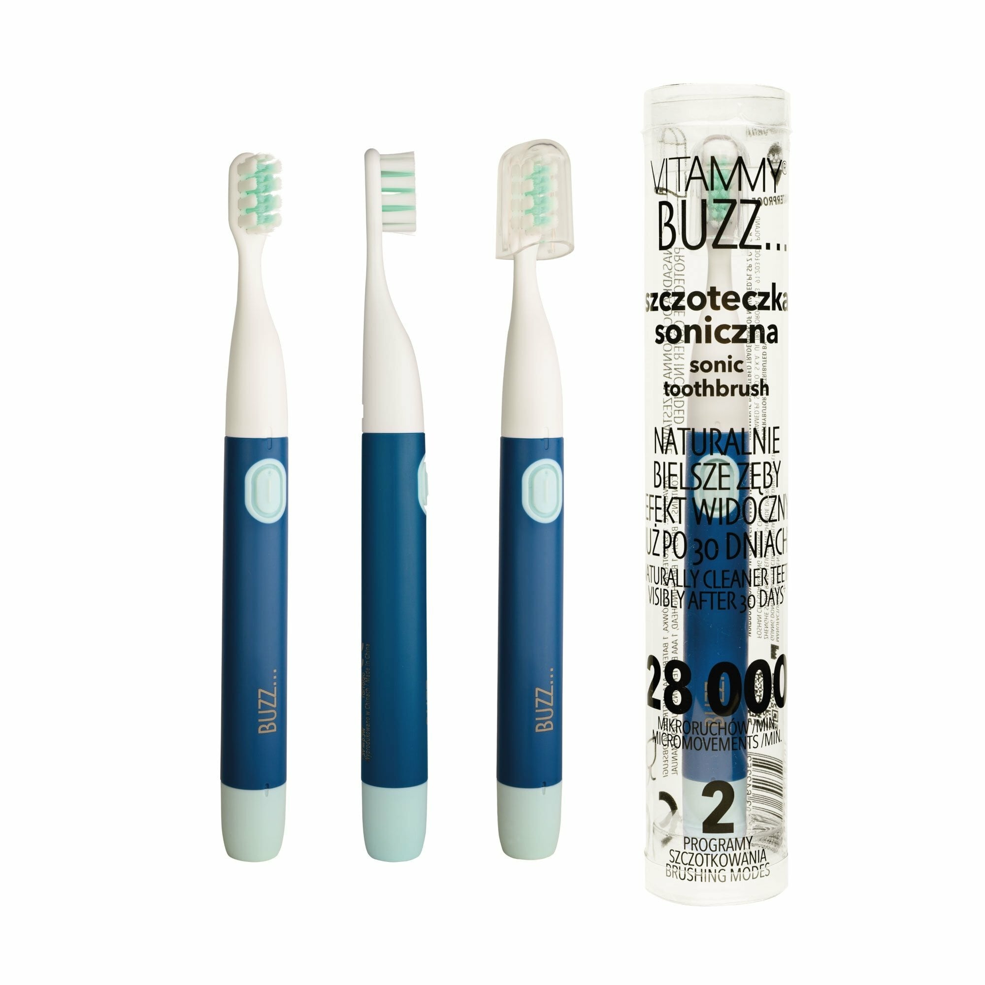 E-shop VITAMMY BUZZ Sonická zubná kefka s 28 000 mikropohybmi, 2 programy čistenia, navy/modrá,