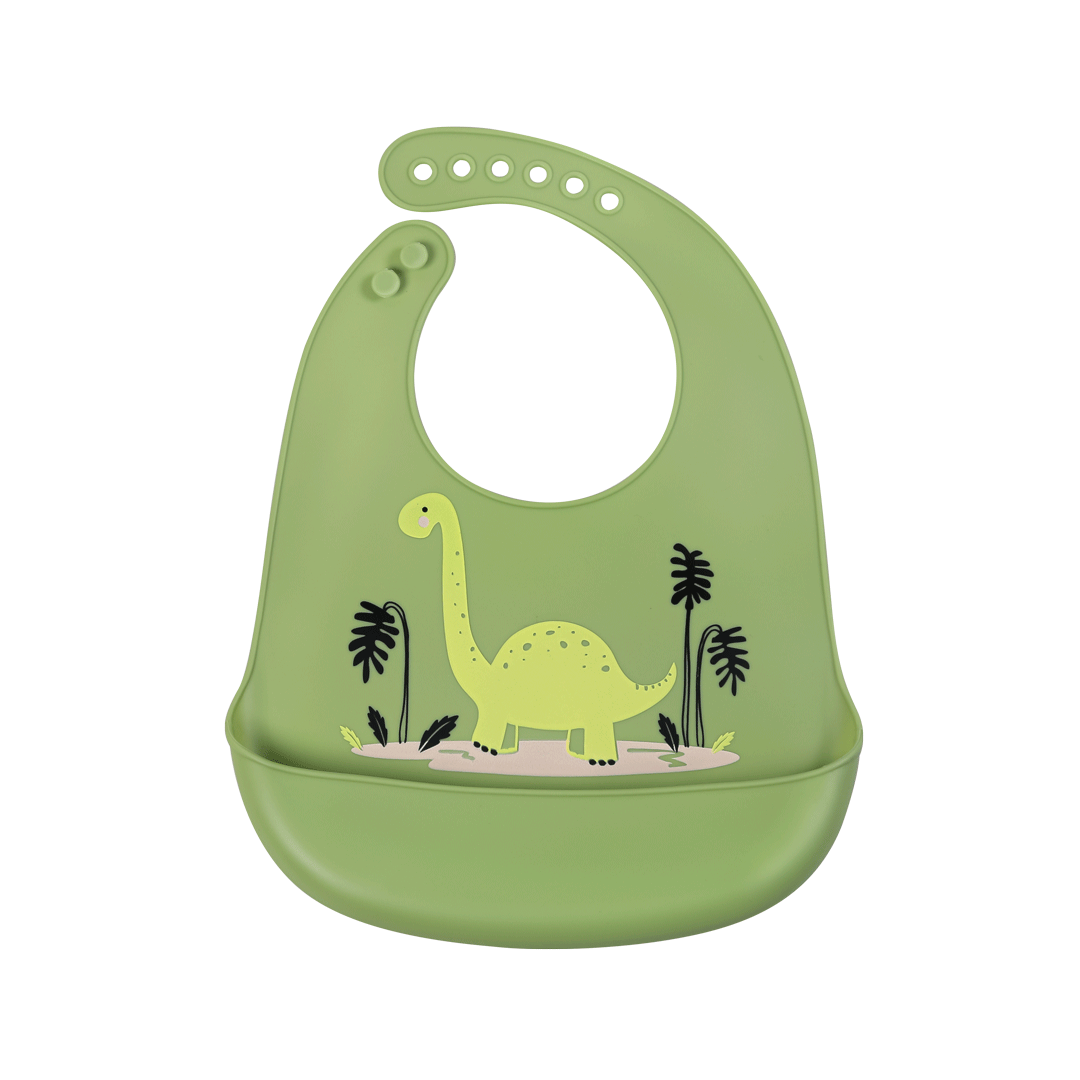 SIMED Silikónový podbradník s vreckom, Green Dinosaur