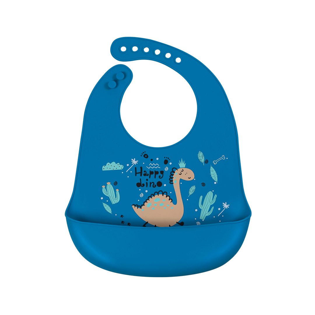 SIMED Silikónový podbradník s vreckom, Blue Dinosaur