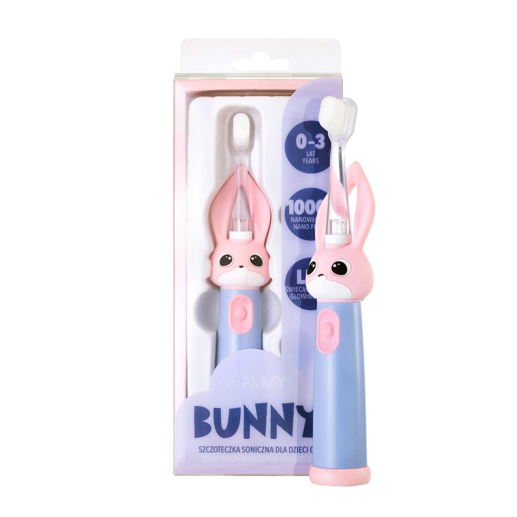 E-shop VITAMMY Bunny Sonická zubná kefka pre deti s LED svetlom a nanovláknami, 0-3 roky, ružová