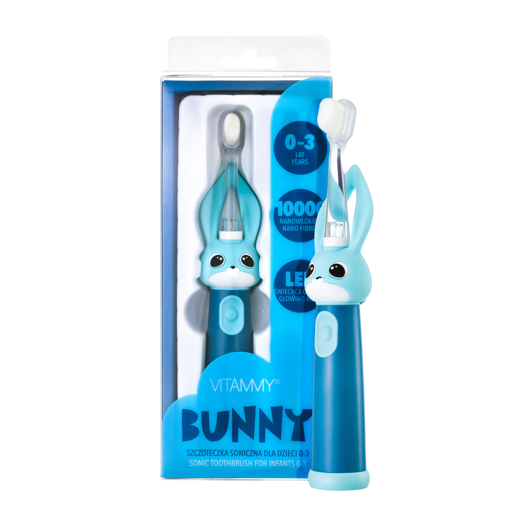 E-shop VITAMMY Bunny Sonická zubná kefka pre deti s LED svetlom a nanovláknami, 0-3 roky, modrá