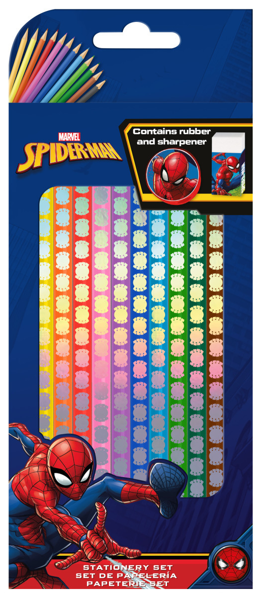 E-shop Kids Euroswan Sada 12 farebných ceruziek + strúhadlo + guma, Spiderman