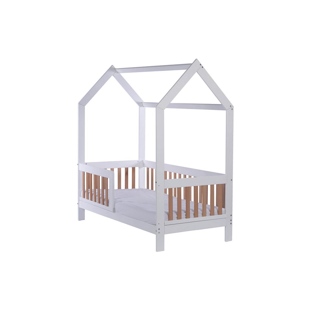 E-shop Detská buková posteľ domček so zábradlím a roštom Drewex Casa Bambini 160x80x174 cm - 53143