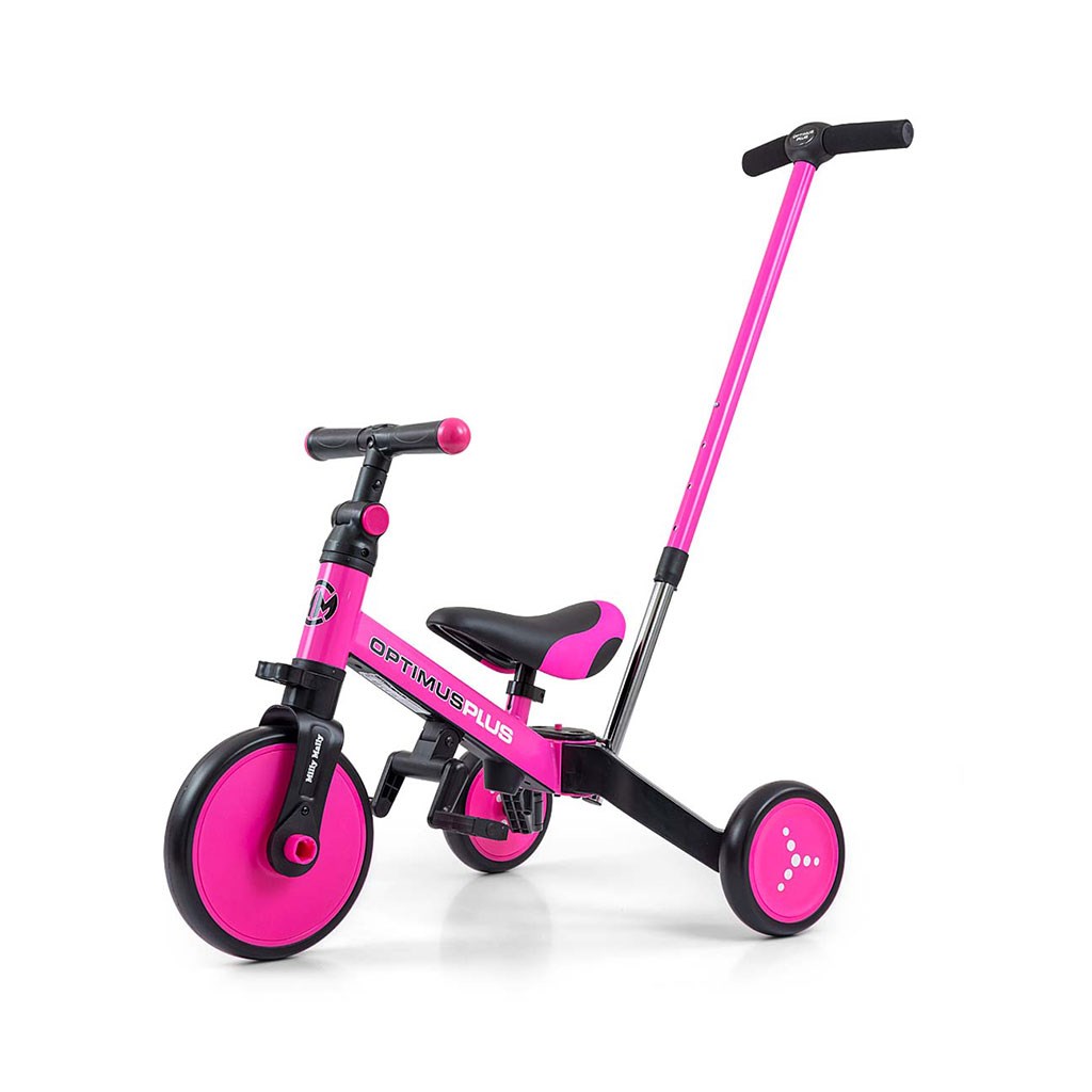 E-shop Detská trojkolka 4v1 Milly Mally Optimus Plus s vodiacou tyčou pink - 54420