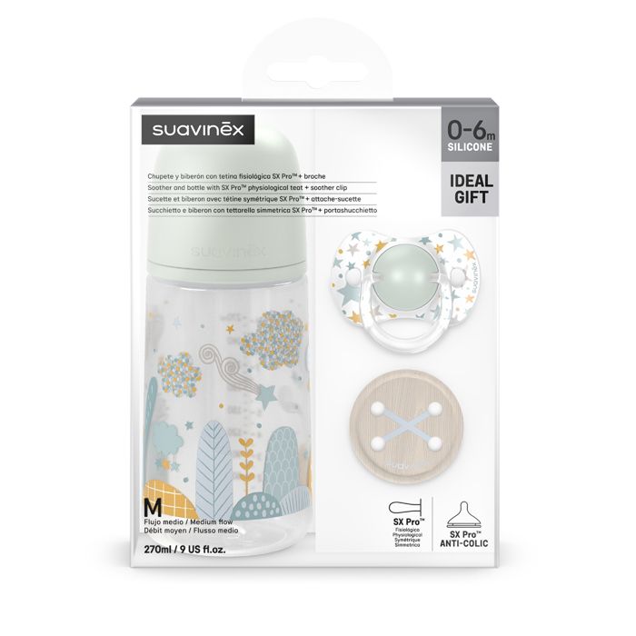 E-shop SUAVINEX | Sada fľaša 270ml + cumlík fyziologický 0/6m + klip Dreams - zelená
