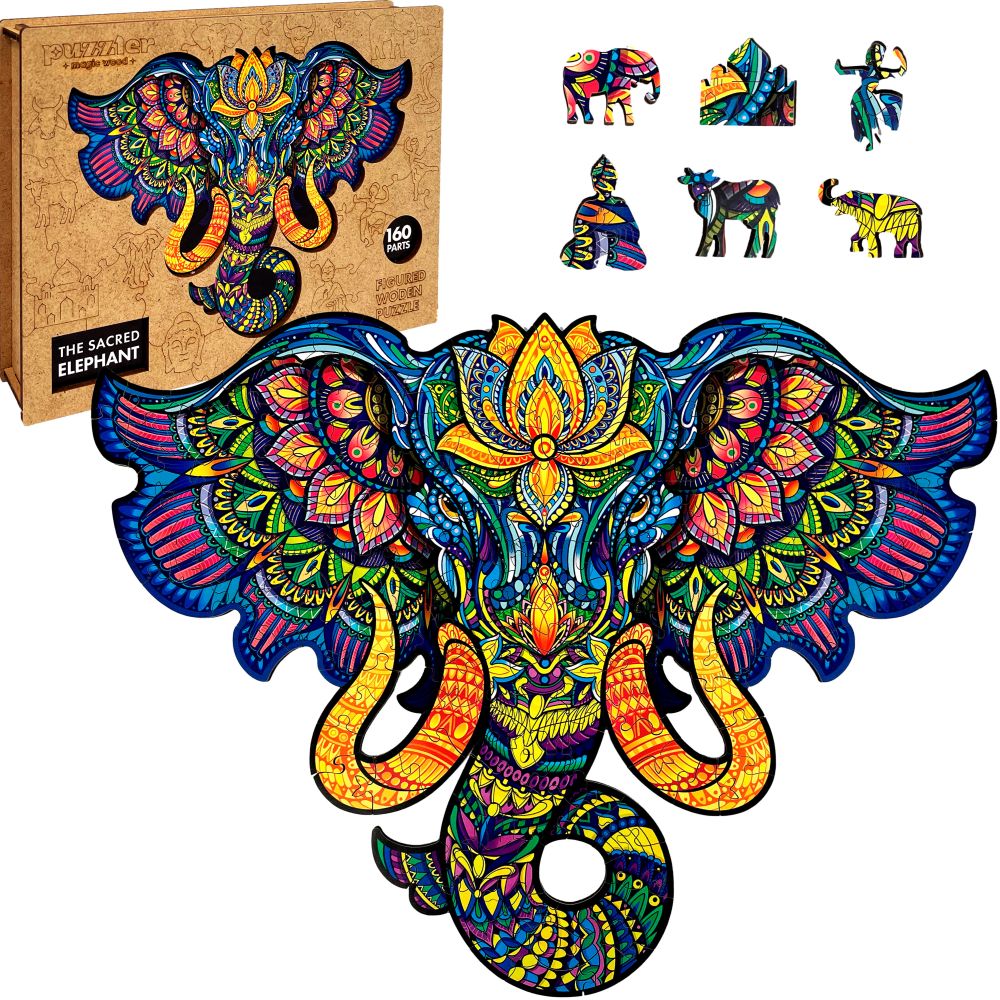 E-shop Puzzler DREVENÉ FAREBNÉ PUZZLE - Posvätný Slon