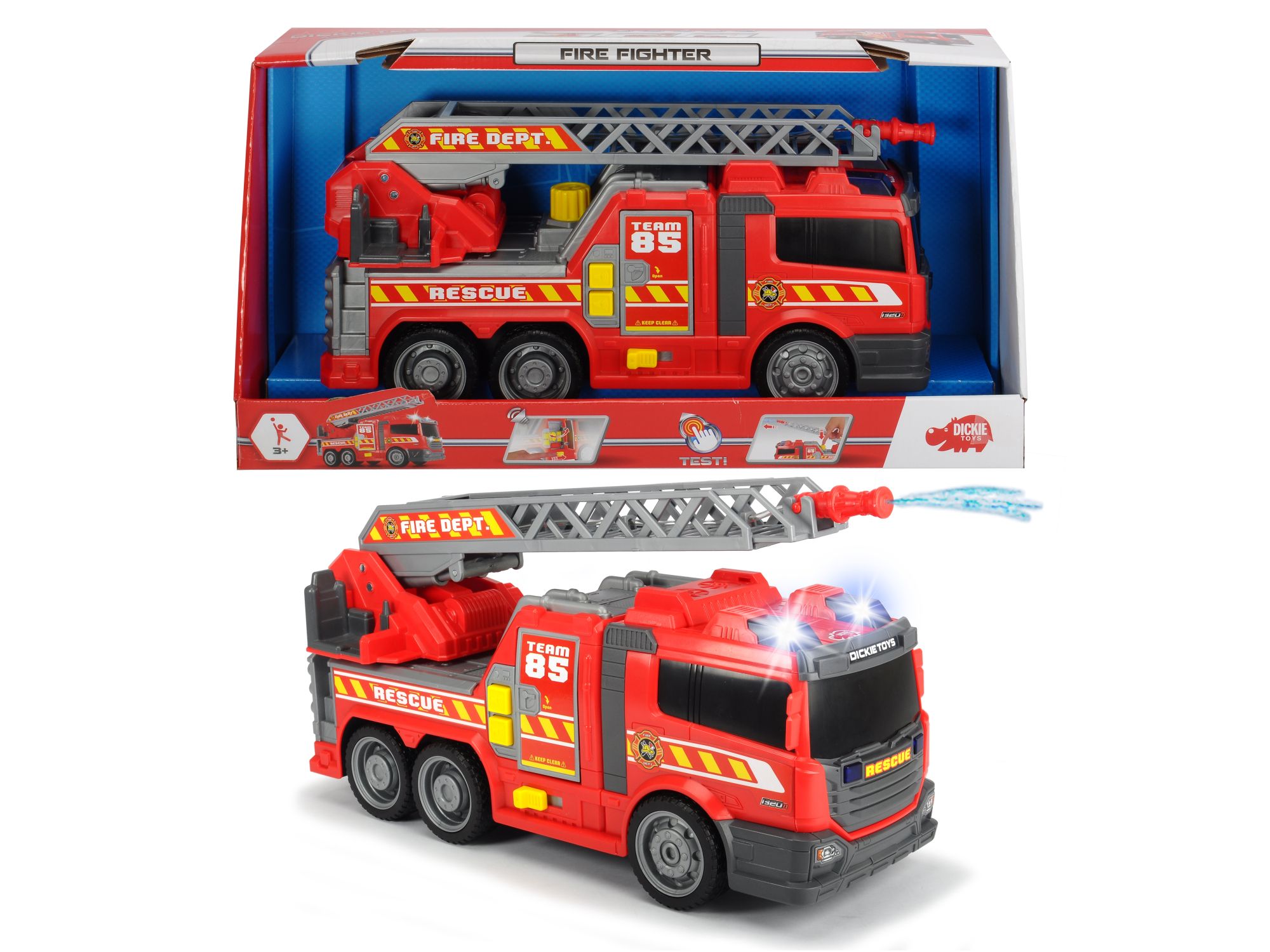 E-shop Dickie AS Hasičské auto, 36cm, svetlo a zvuk, ručná pumpa - striekačka