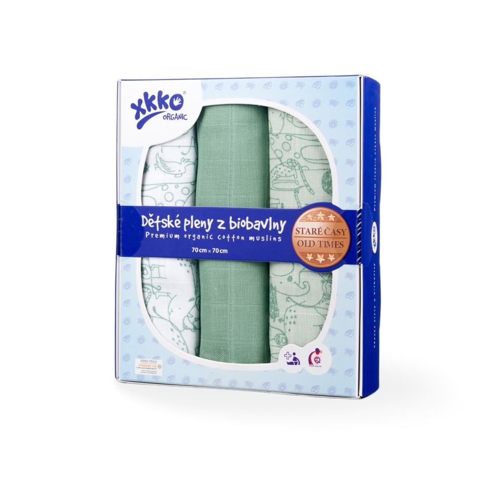 E-shop XKKO Organic Staré časy - Plienky z biobavlny - Safari Granite Green MIX, 70x70