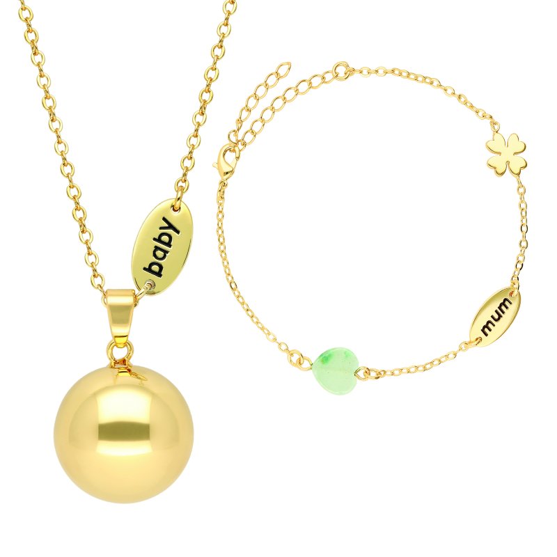 E-shop Bola Tehotenská rolnička s náramkom Nature stone beads and mum/baby charm in gold