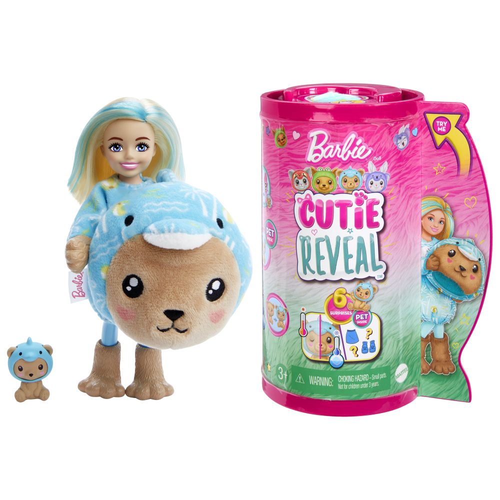 E-shop Mattel BRB CUTIE REVEAL CHELSEA V KOSTÝME - MACKO V MODROM KOSTÝME DELFÍNA