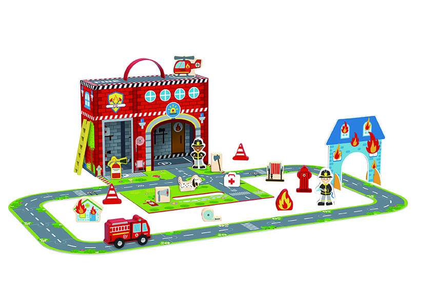 E-shop Tooky Toy Požiarna stanica s dráhou v kufríku 18 ks