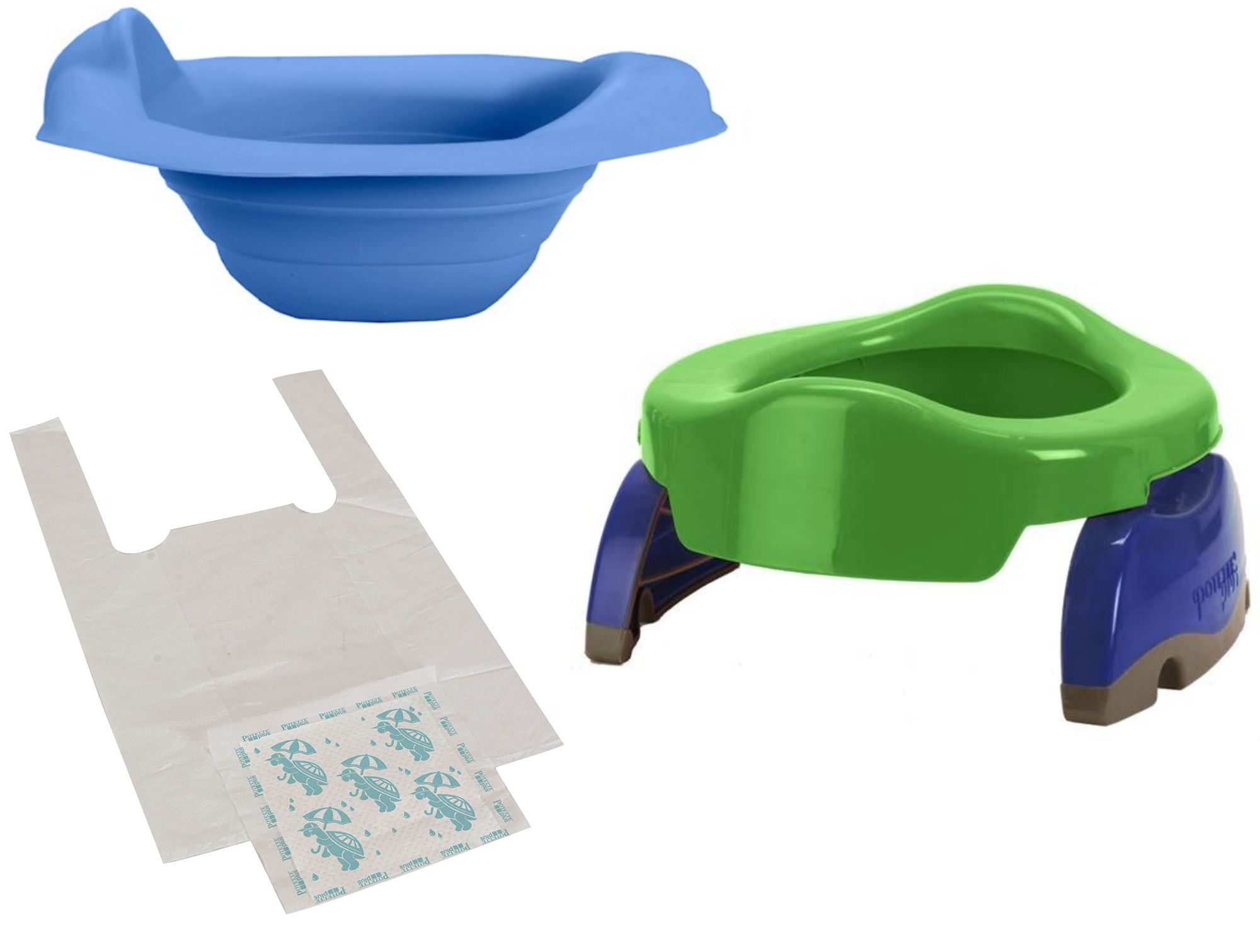 Potette cestovný nočník POTETTE PLUS® 2v1 zelená/modrá BUNDLE + modrá vložka + sáčky 3ks