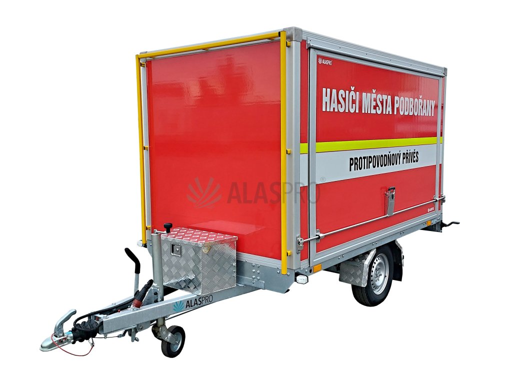 Brzděný skříňový protipovodňový speciál pro hasiče AHS 1300 kg 2650x1450x1500mm