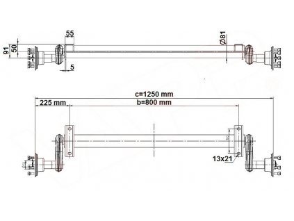 Náprava KNOTT G 13 (1300 kg) b= 800 mm, c=1250 mm, 100x4, patky 50