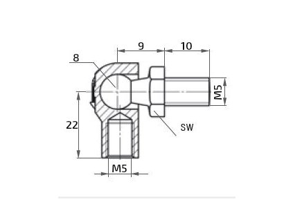 Kulový kloub k plynové vzpěře M5x10 (c=22mm), pro závit M5