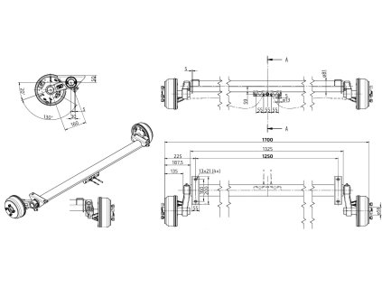 Náprava KNOTT GB 13 (1350 kg) b=1250 mm, c=1700 mm, 200x50, 100x4, kovaná ramena