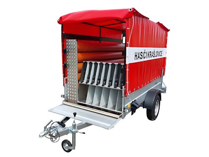 Plachtový přívěsný vozík pro hasiče s výklopným držákem PS12, držákem savic a hliníkovou bednou pro hadice B a C, pro dobrovolné i profesionální jednotky HZS ČR (21)