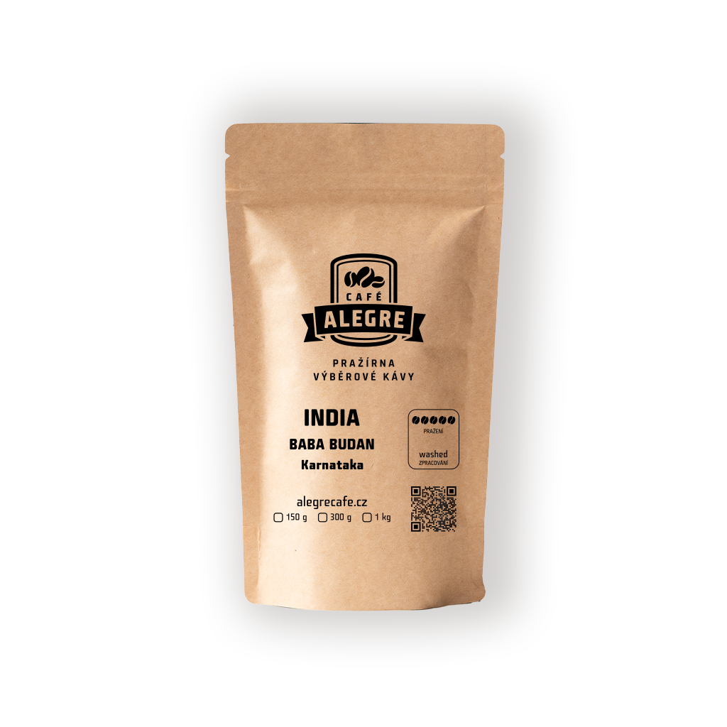 Alegre Café Roasters Baba Budan – výběrová zrnková káva 100% Arabica z Indie, pražená na espresso Hmotnost: 150g, Zrno nebo namlít: zrno