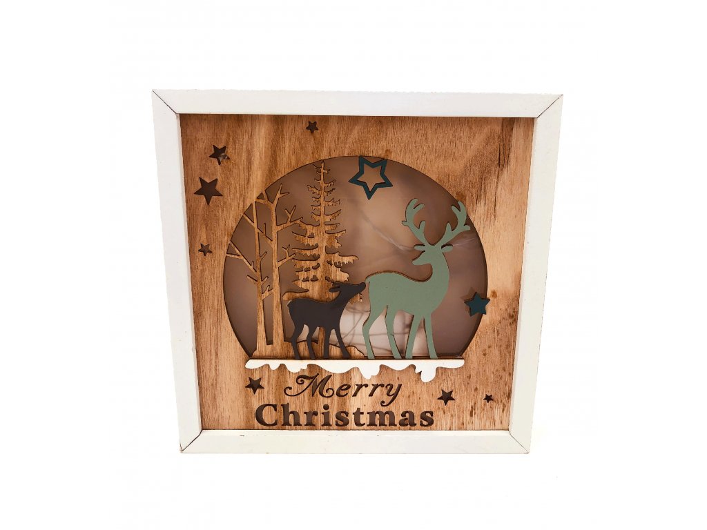 Dřevěná svítící dekorace Merry Christmas - Jelen a koloušek