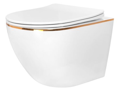Rea Carlo Mini závesná WC misa 49x37 cm Rimless s pomaly padajúcim toaletným sedadlom, biela-zlatý okraj, REA-C1222