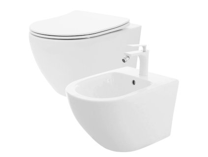 Sada závesnej WC misy REA CARLO Flat Mini Rimless + závesného Bidetu REA CARLO Mini