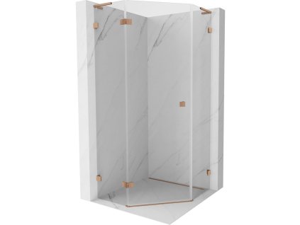 Mexen Lunar L päťuholníkový sprchový kút naklápací doľava 80 x 80 cm, transparentný, brúsená meď - 831L-080L-080P-65-00-L