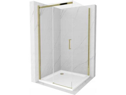 Mexen Omega sprchový kút posuvné dvere 100 x 100 cm, priehľadné sklo, profil zlatý + Flat sprchová vanička, biela - 825-100-100-50-00-4010